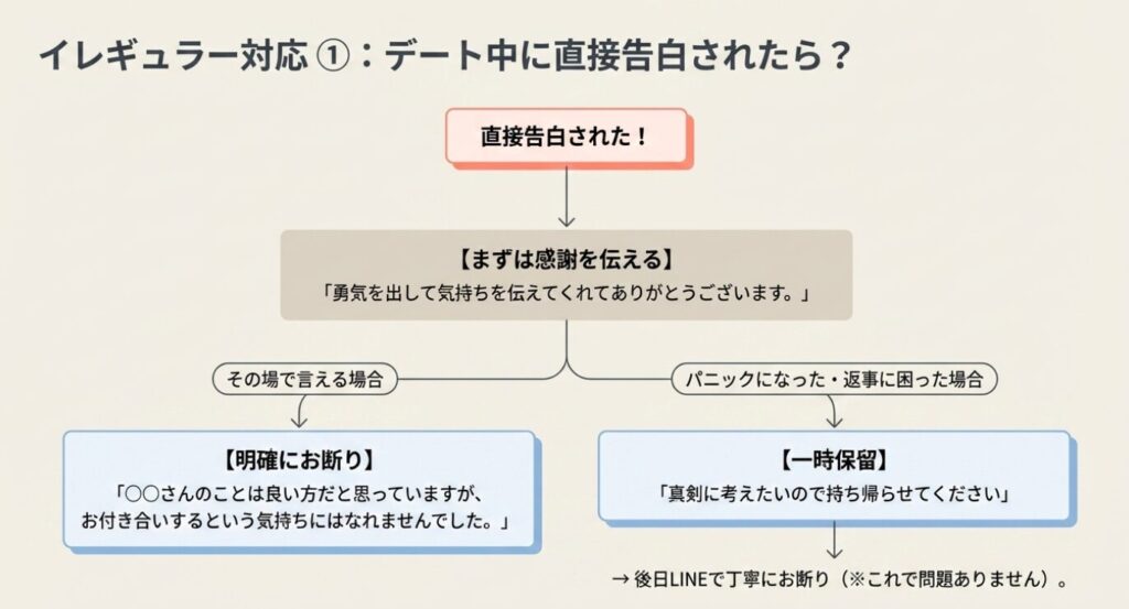 画像タイトル: デート中に直接告白された時の対応フロー
代替テキスト: 直接告白された際、その場で断る場合と一時保留にして後日連絡する場合のフローを示した図解