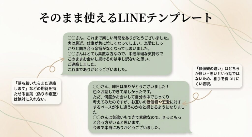 画像タイトル: そのまま使えるLINEテンプレート例文
代替テキスト: 仕事の忙しさを理由にする例文と、価値観の違いを理由にする例文の2パターンを紹介したLINE形式のスライド