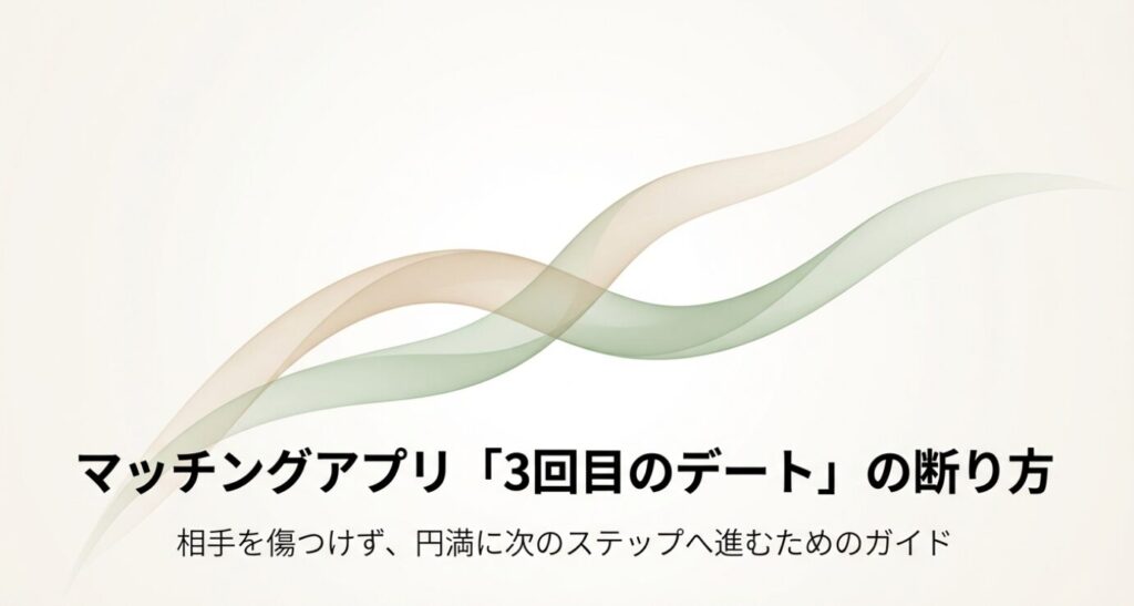 画像タイトル: マッチングアプリ3回目のデートの断り方ガイド
代替テキスト: 「マッチングアプリ 3回目のデートの断り方 相手を傷つけず、円満に次のステップへ進むためのガイド」と書かれたタイトルスライド