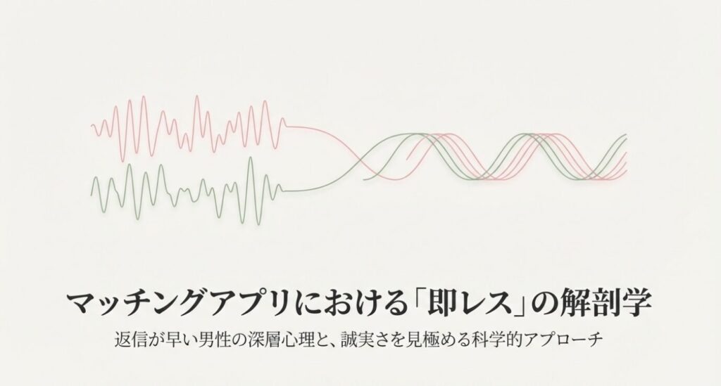 画像タイトル: マッチングアプリ即レス解剖学
代替テキスト: マッチングアプリにおける「即レス」の解剖学(好意や誠実さを見極めるアプローチ)のタイトルスライド