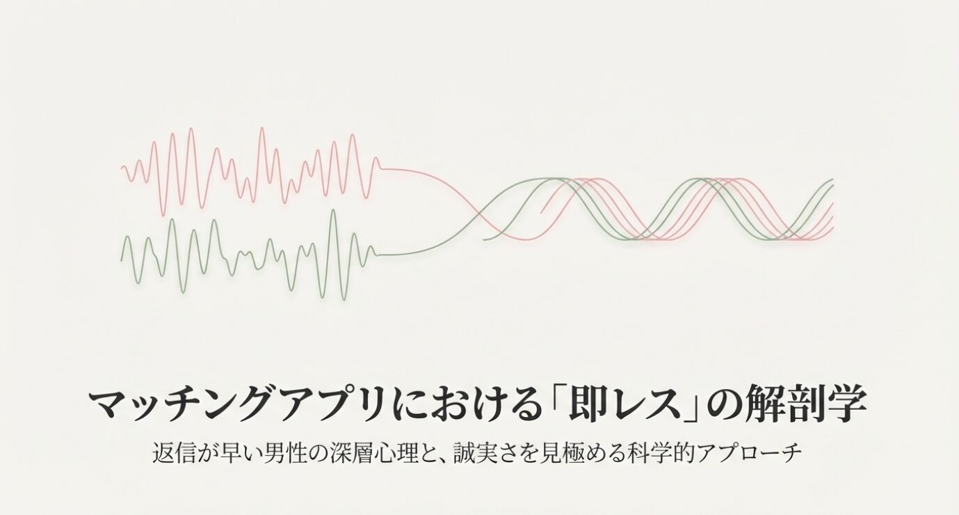 落ち着いたトーンの背景に、「マッチングアプリの『即レス』に疲れないための、自分の守り方」「無理をして相手に合わせない、自分軸の恋活メソッド」というテキストが配置されたタイトルスライド画像。