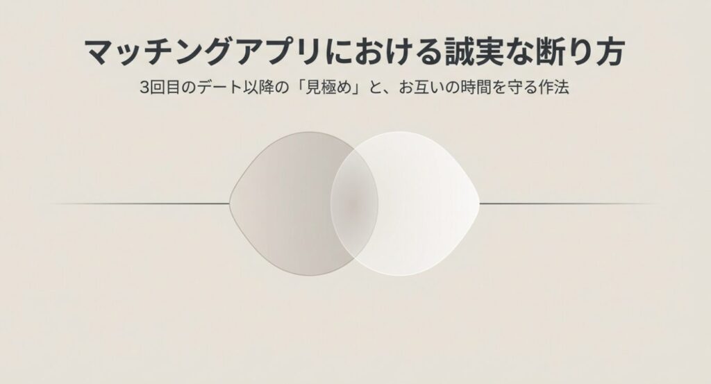 画像タイトル: マッチングアプリにおける誠実な断り方
代替テキスト: 「マッチングアプリにおける誠実な断り方:3回目のデート以降の見極めとお互いの時間を守る作法」と書かれたタイトルスライド