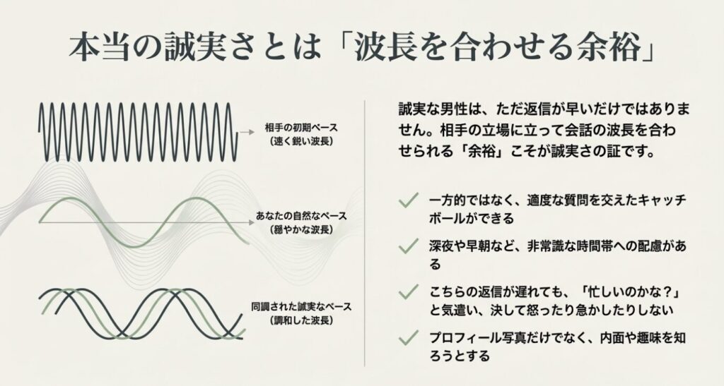 画像タイトル: 本当の誠実さとは波長を合わせる余裕
代替テキスト: 相手の初期ペースと自分の自然なペースが同調し、調和した波長になることを表したイメージ図