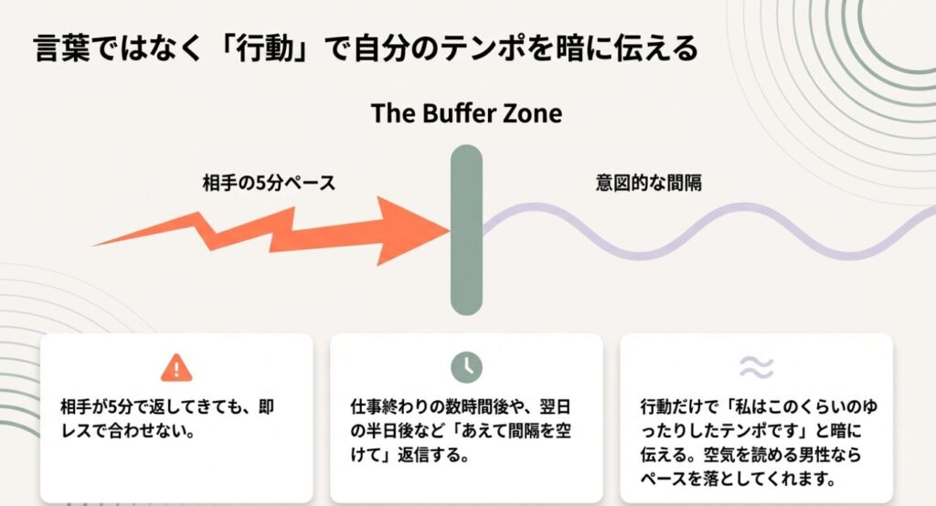 画像タイトル: メッセージペースと心理のスペクトラム
代替テキスト: 数分以内、数時間ごと、1日1回以上という3つの返信ペースにおける相手の状況や心理の目安を示した図