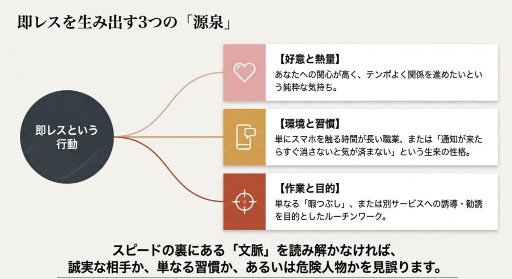 画像タイトル: 即レスを生み出す3つの源泉
代替テキスト: 即レスという行動を生み出す3つの源泉(好意と熱量、環境と習慣、作業と目的)の解説図