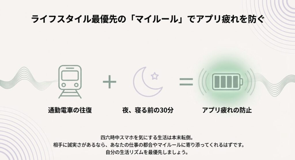 画像タイトル: 返信ペースによる相性と誠実さのフィルター
代替テキスト: 自分のペースを提示した際、追撃して機嫌を損ねるか、寄り添ってくれるかで誠実さを見極めるフィルターの図解