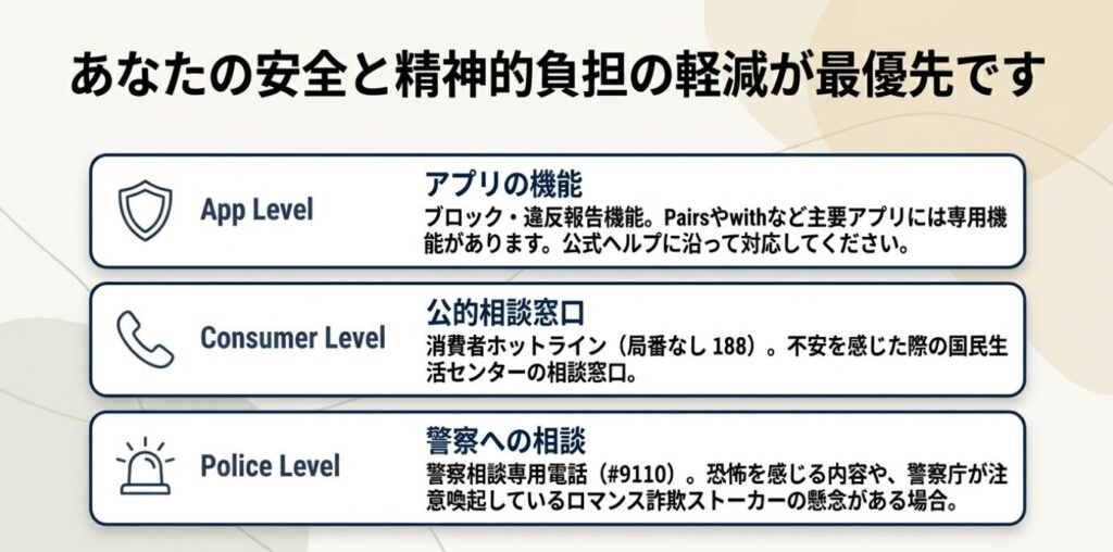 画像タイトル: 安全を守るための相談窓口一覧
代替テキスト: アプリのブロック機能、消費者ホットライン188、警察相談専用電話#9110など、身を守るための相談先をまとめたスライド