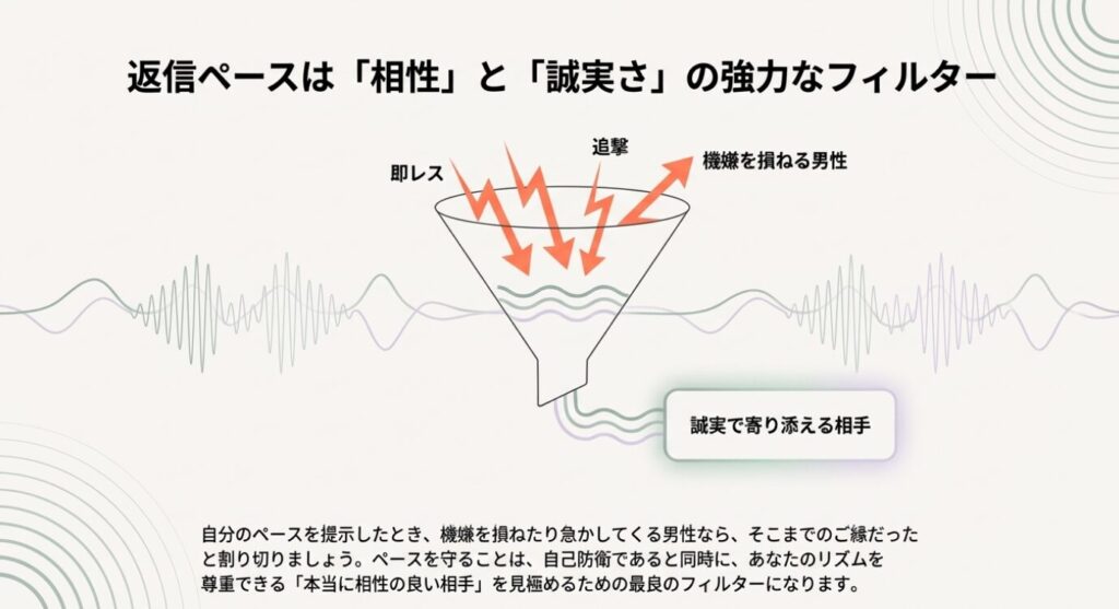 画像タイトル: 相手まかせと自分軸の恋活比較表
代替テキスト: 通知への反応、心理状態、長期的な結果において、「相手まかせ」と「自分軸」の恋活アプローチを比較した表