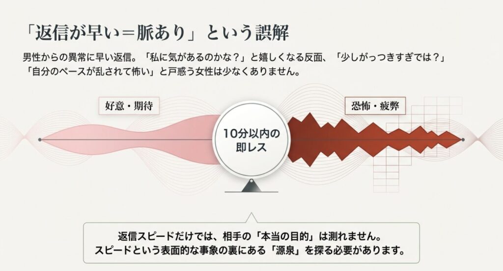 画像タイトル: 10分以内の即レスが与える好意と恐怖
代替テキスト: 10分以内の即レスに対する女性の心理変化(好意・期待から恐怖・疲弊への移行)を表した波形グラフ