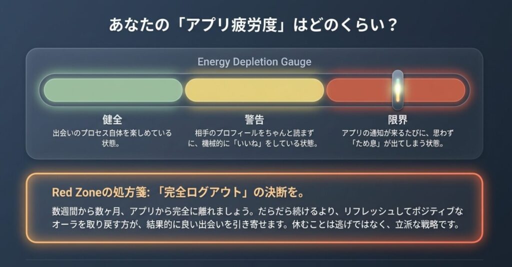 画像タイトル: マッチングアプリの疲労度チェックと休止サイン
代替テキスト: 健全から限界までのアプリ疲労度ゲージと完全ログアウトによるリフレッシュの勧め