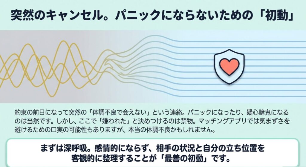 画像タイトル: 突然のキャンセルでパニックにならないための初動
代替テキスト: デートをドタキャンされた際にパニックにならず冷静に対処するための初動ステップ