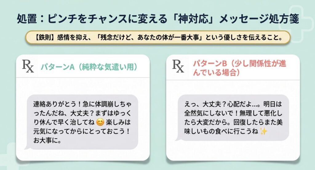 画像タイトル: ピンチをチャンスに変える神対応メッセージ処方箋
代替テキスト: 体調不良の相手を気遣う好感度アップのための返信メッセージ例文