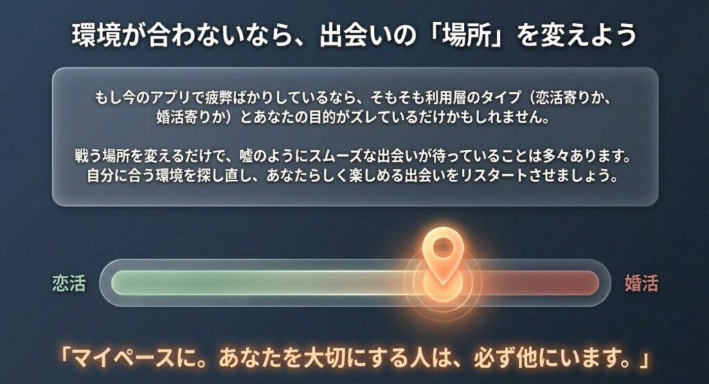 画像タイトル: 環境が合わないなら出会いの場所を変える
代替テキスト: アプリでの疲弊を防ぐために恋活寄りか婚活寄りか自分に合う環境へ見直す提案
