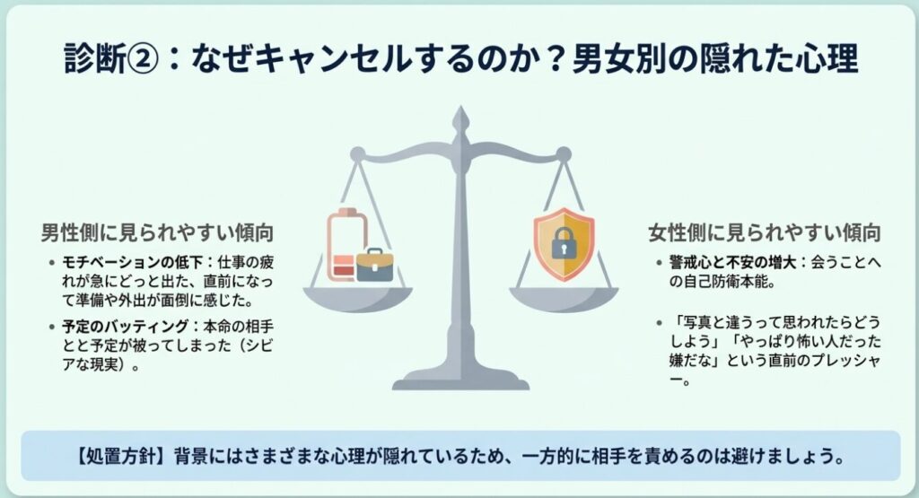 画像タイトル: デートをキャンセルする男女別の隠れた心理
代替テキスト: ドタキャンに至る背景にあるモチベーション低下や警戒心など男女別の隠れた心理