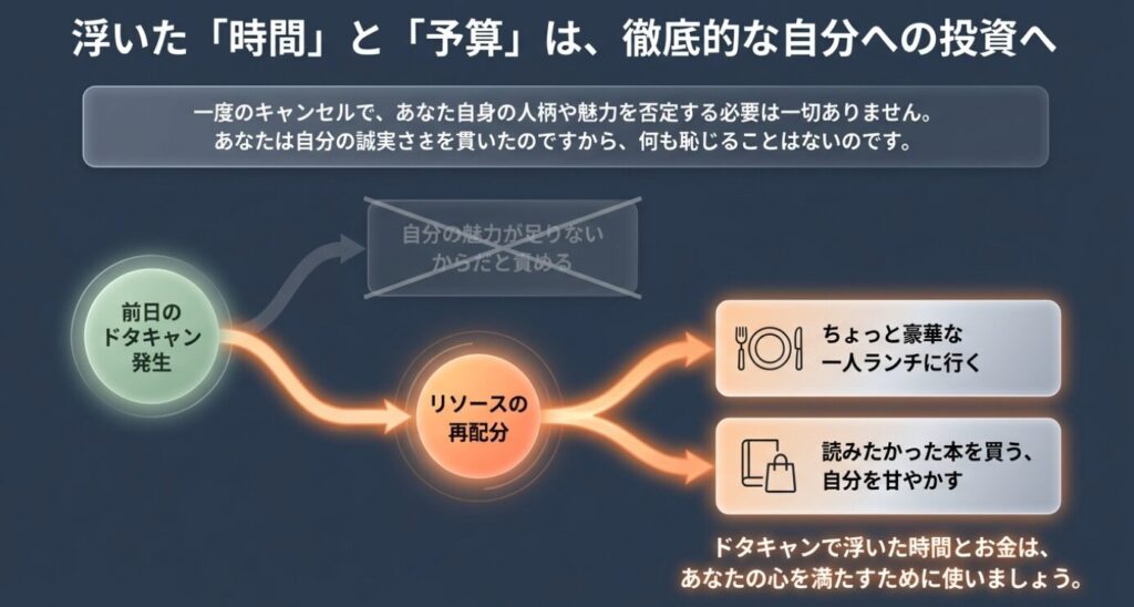 画像タイトル: 浮いた時間と予算を自分への投資へ
代替テキスト: ドタキャンで浮いた時間とお金を一人ランチや読書など自分の心を満たすために使う考え方