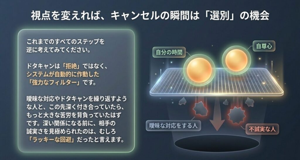 画像タイトル: ドタキャンは不誠実な人を弾く選別の機会
代替テキスト: ドタキャンを強力なフィルターと捉え不誠実な相手を深く関わる前に回避できたとするマインドセット