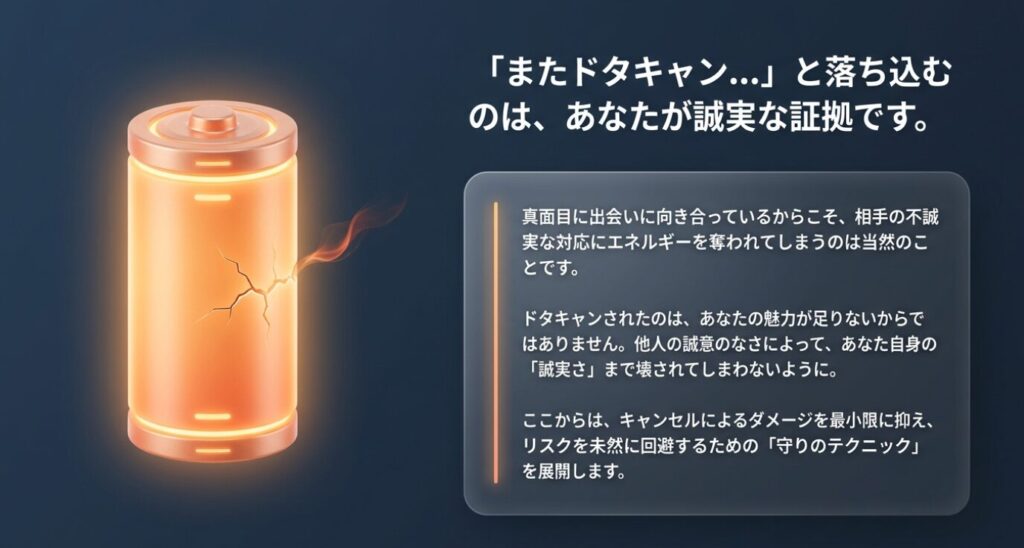 画像タイトル: ドタキャンで落ち込むのは誠実な証拠
代替テキスト: 真面目に出会いに向き合っているからこそエネルギーを奪われてしまうことを表すひび割れたバッテリー