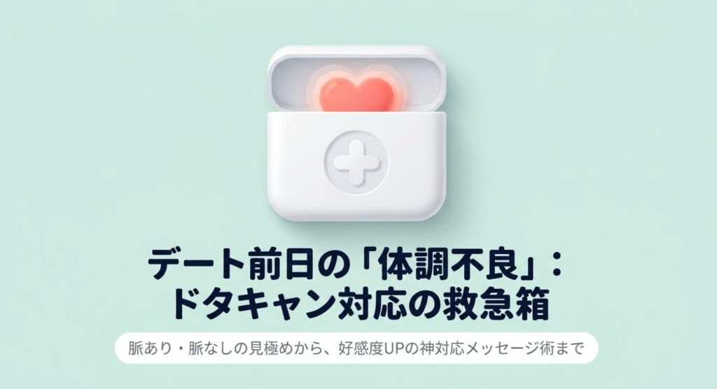 画像タイトル: デート前日の体調不良ドタキャン対応の救急箱
代替テキスト: デート前日の体調不良によるドタキャン対応策をまとめた救急箱のイメージ