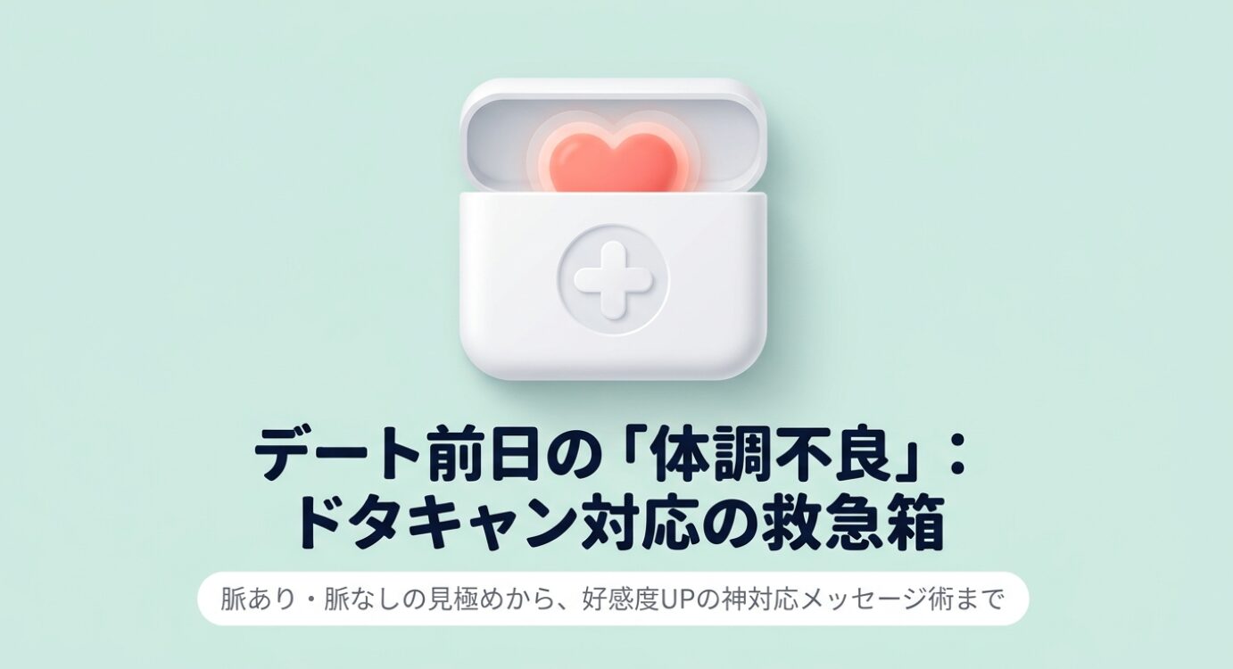 白い救急箱の中に光り輝く温かい赤いハートが収められたイラスト 。「デート前日の『体調不良』: ドタキャン対応の救急箱」 と「脈あり・脈なしの見極めから、好感度UPの神対応メッセージ術まで」 というテキストが記載されており、マッチングアプリでの突然のキャンセルに対する具体的な解決策と心のケアを表現しています。