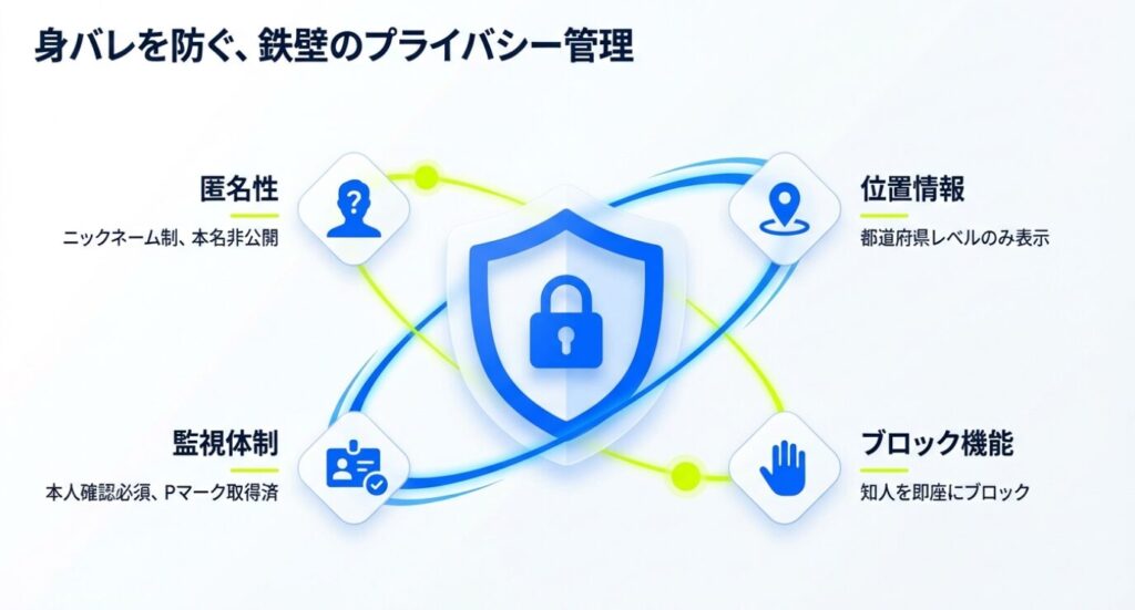 画像タイトル: エンスポーツのプライバシー保護機能

代替テキスト: 匿名性（ニックネーム制）、位置情報の保護、24時間監視体制、ブロック機能など、身バレを防ぐセキュリティ対策の図解。