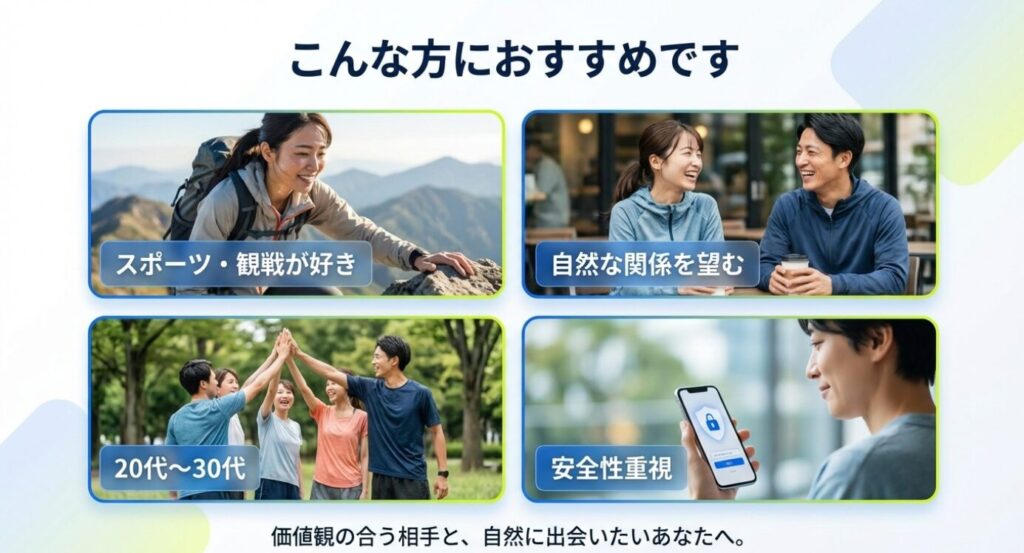 画像タイトル: エンスポーツがおすすめな人の特徴

代替テキスト: ハイキングやランニングを楽しむ男女の写真。「スポーツ・観戦が好き」「自然な関係を望む」「20代〜30代」「安全性重視」というおすすめ条件のリスト。