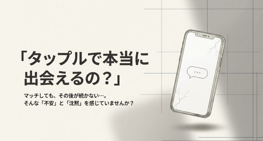 画像タイトル: マッチングアプリ利用者が抱える不安と沈黙
代替テキスト: 「タップルで本当に出会えるの?」「マッチしても、その後が続かない…」というユーザーの不安を表現したスライド。
