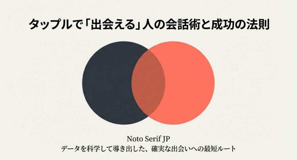 画像タイトル: 科学で導き出すタップル成功の法則
代替テキスト: 2つの円が重なるイラストと共に、「タップルで『出会える』人の会話術と成功の法則」と書かれたセクション表紙スライド 。
