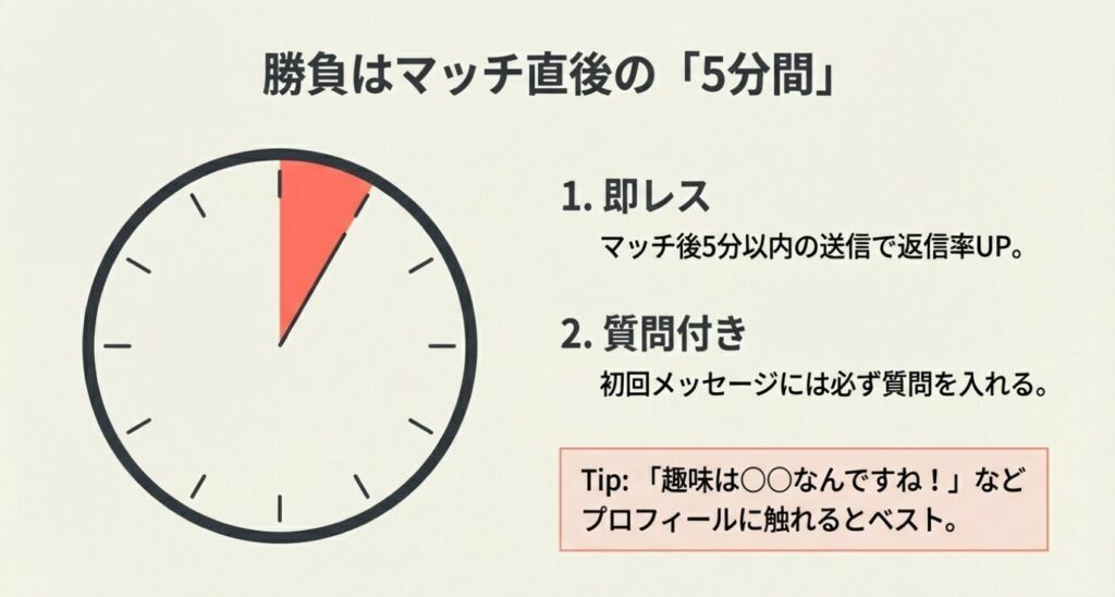 画像タイトル: マッチ直後の5分間が勝負
代替テキスト: 時計のイラストで5分間を強調し、「マッチ後5分以内の送信で返信率UP」「初回メッセージには必ず質問を入れる」というコツをまとめたスライド 。