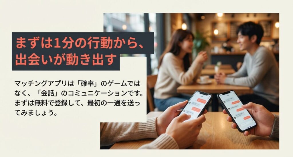 画像タイトル: 1分の行動が変える未来
代替テキスト: 「まずは無料で登録して、最初の一通を送ってみましょう」と、読者の第一歩を促すメッセージスライド 。