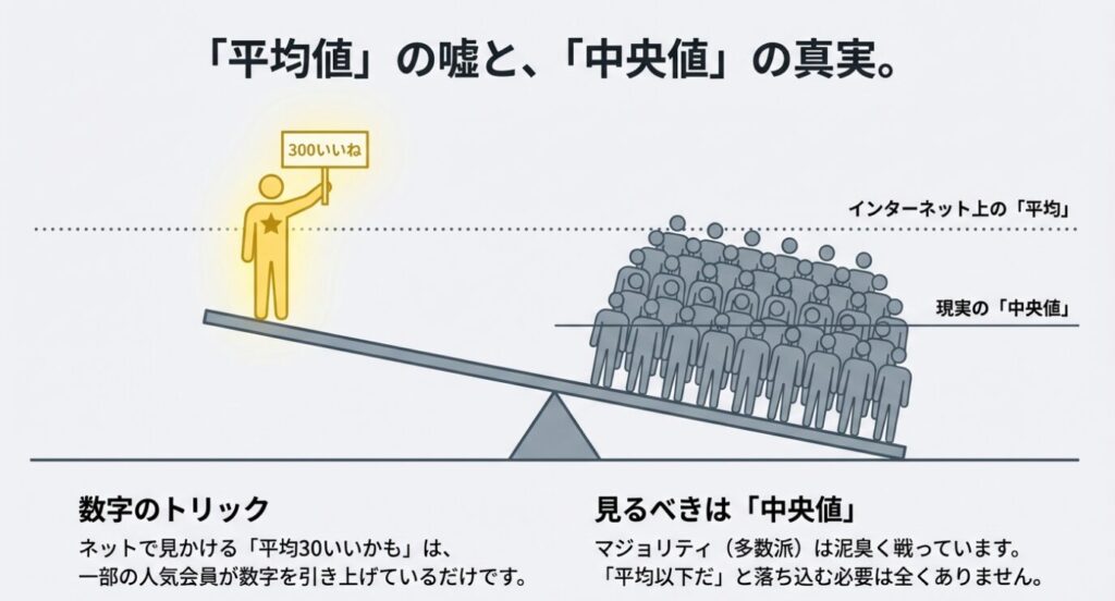 画像タイトル: マッチングアプリの平均値と中央値の違い

代替テキスト: 一部の人気会員が平均値を引き上げている様子を描いたシーソーのイラスト。現実的な目標設定のために見るべきは中央値であることを解説。