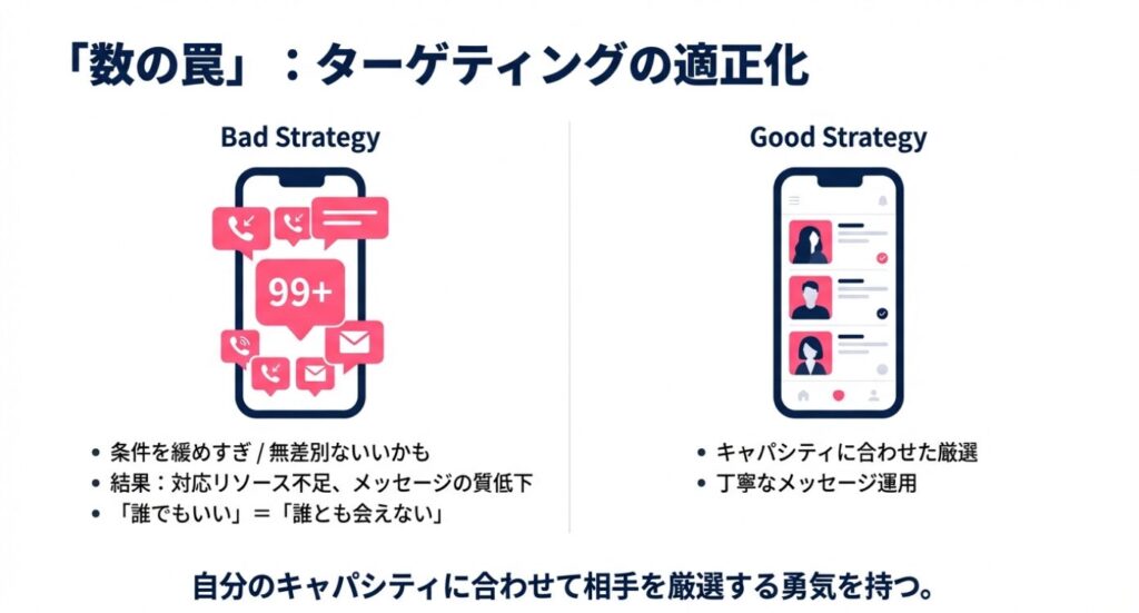画像タイトル: マッチングアプリにおける「数の罠」と適切なターゲティング戦略

代替テキスト: 無差別にいいかもを送る「Bad Strategy」と、相手を厳選して丁寧に対応する「Good Strategy」の比較図。99+の通知に埋もれるリスクを警告。