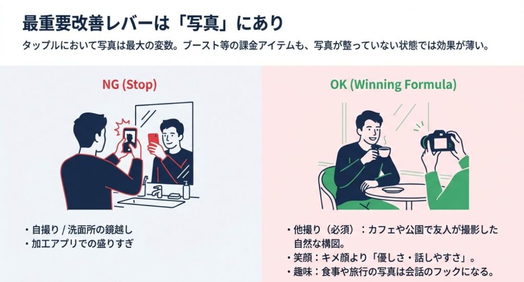画像タイトル: タップルでモテる写真（他撮り）とNG写真（自撮り）の比較例

代替テキスト: 洗面所での鏡越し自撮り（NG例）と、カフェで友人が撮影した自然な笑顔の写真（OK例）を比較したイラスト。「写真は最大の変数」であることを強調。