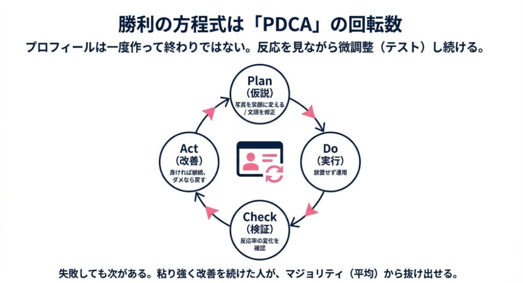画像タイトル: マッチング数よりも「一人のパートナー」との出会いを重視する概念図

代替テキスト: 多数の群衆の中でたった一人の「合う人」が赤くハイライトされたイラスト。数字を追う量的な競争から、質的な出会いへシフトする重要性を表現。