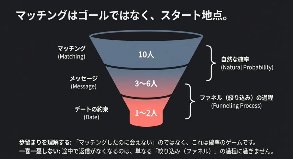 画像タイトル: マッチングからデート到達までのファネル（歩留まり）図

代替テキスト: マッチング10人からメッセージを経てデート1〜2人に絞り込まれる過程（ファネル）を示した図。「マッチング＝ゴール」ではなく確率のゲームであることを解説。