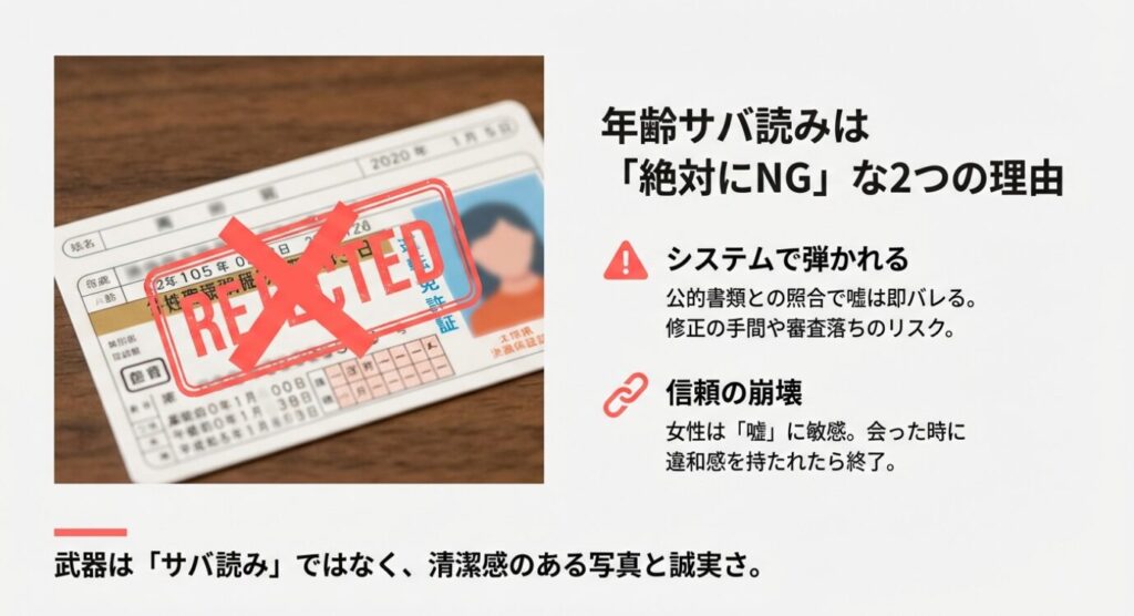 画像タイトル: 年齢確認での否認リスク

代替テキスト（Alt）: 年齢サバ読みは公的書類との照合で弾かれることを示すイメージ画像