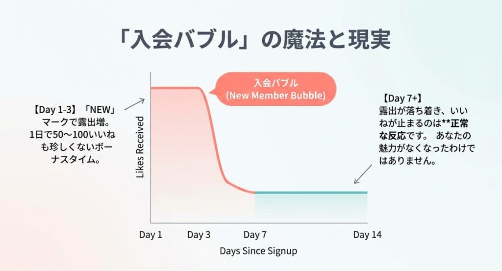 画像タイトル： 入会バブルによるいいね数の推移グラフ

代替テキスト： 「入会バブルの魔法と現実」と題されたグラフ。登録直後のDay 1〜3に露出が増えて「いいね」が急増し、Day 7以降に落ち着くのが正常な反応であることを示す折れ線グラフのスライド。