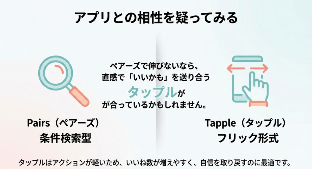 画像タイトル： ペアーズとタップルの形式比較

代替テキスト： ペアーズの「条件検索型」とタップルの「フリック形式」の違いを比較。タップルはアクションが軽いためいいねが増えやすく、自信を取り戻すのに最適であることを説明するスライド。