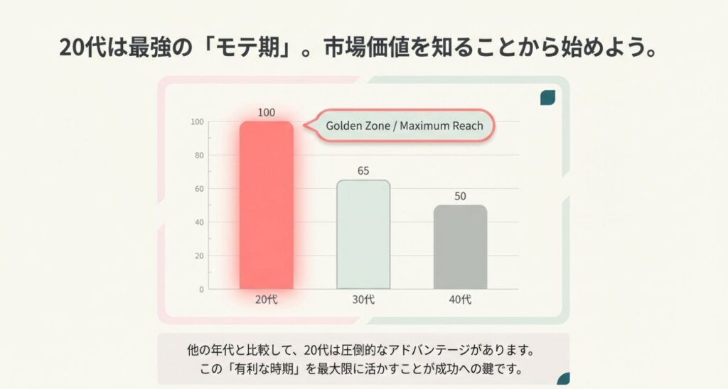画像タイトル： 20代・30代・40代のいいね数比較グラフ


代替テキスト： 棒グラフによる年代別いいね数の比較。20代は100、30代は65、40代は50と推移しており、20代が「ゴールデンゾーン」として最も有利な時期であることを示すスライド