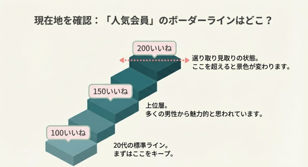 画像タイトル： いいね数別・人気会員の階層図


代替テキスト： 階段状の図解。100いいねは20代の標準、150いいねは上位層、200いいねは選り取り見取りの状態であることを示し、自分の現在地を確認するためのスライド 。