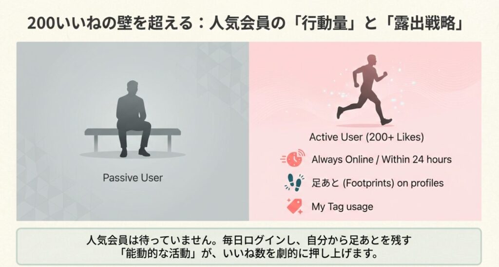 画像タイトル： 人気会員になるための行動量の違い


代替テキスト： ベンチに座る人物（受動的）と走る人物（能動的）のシルエット比較。200いいねの壁を超えるには、ログイン頻度を高め、足あとやマイタグを活用する「能動的な活動」が必要であることを解説するスライド 。