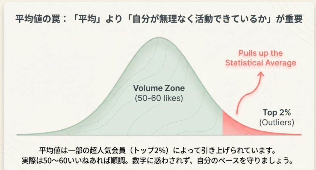 画像タイトル： 平均値の罠とボリュームゾーン


代替テキスト： ピラミッド型の図解。平均値は上位2%の会員によって引き上げられており、実際のボリュームゾーンは50〜60いいねであることを示し、数字に惑わされないよう促すスライド 。