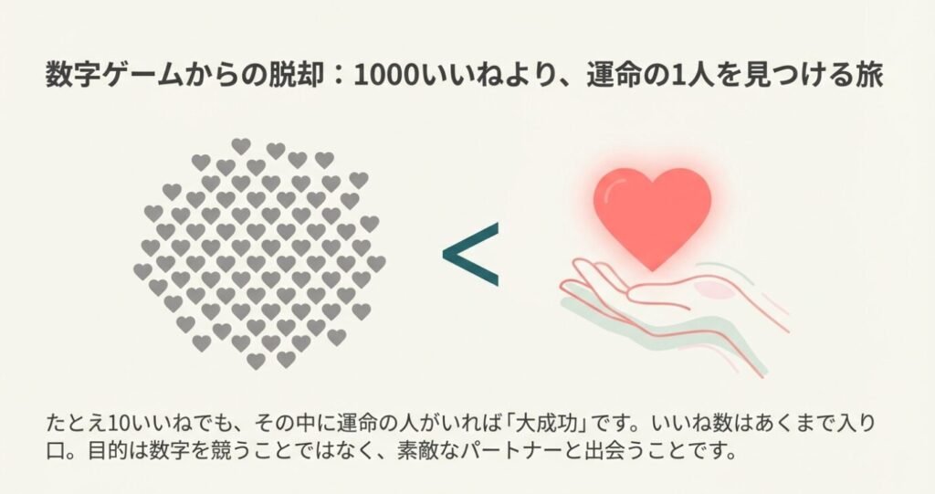 画像タイトル： 1000のいいねより1人の運命の相手


代替テキスト： 多数のグレーのハートよりも、手のひらに乗った一つの赤いハートの方が価値があることを示すイラスト。「数字ゲームからの脱却」をテーマに、いいね数はあくまで入り口であることを伝えるスライド 。