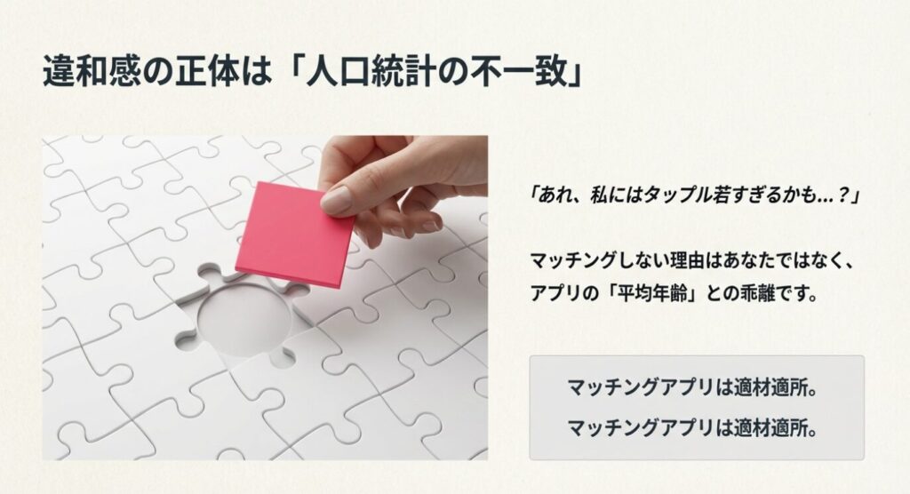 画像タイトル: 年齢層の不一致とアプリ選びの重要性

代替テキスト（Alt）: マッチングアプリにおける年齢層のミスマッチと適材適所を示すパズルのイメージ