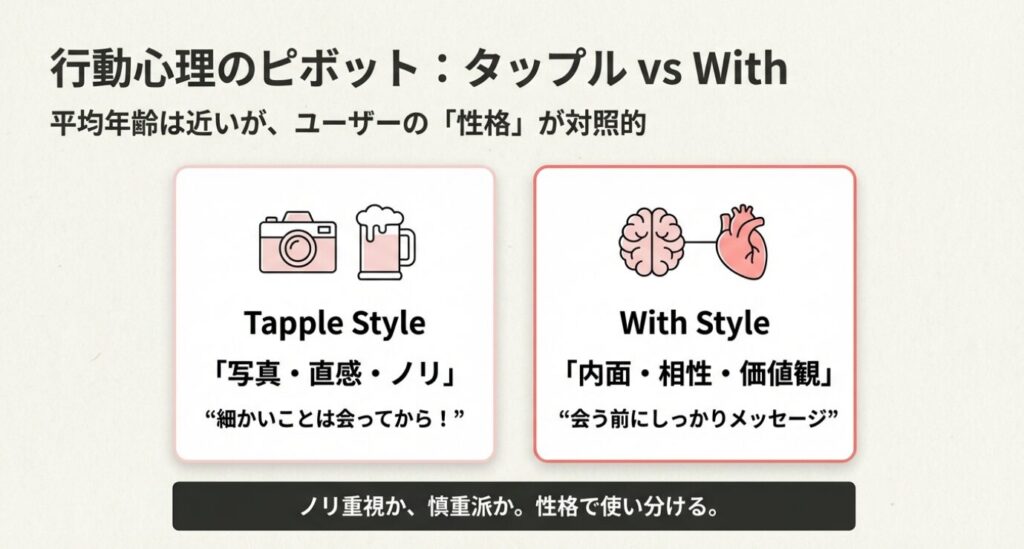 画像タイトル: タップルとWithのユーザー気質の違い

代替テキスト（Alt）: ノリ重視のタップルと内面重視のWithのユーザー傾向の比較