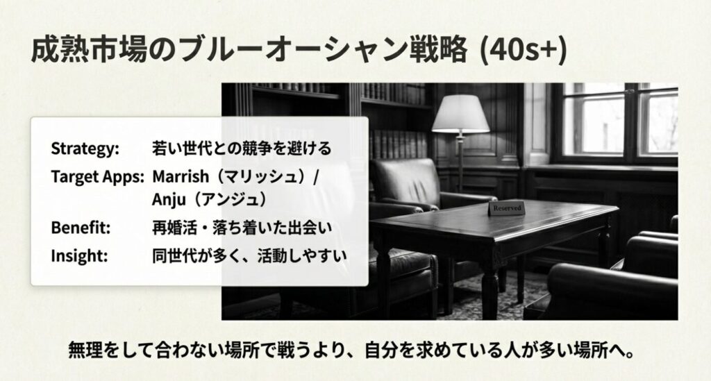 画像タイトル: 40代以上のためのブルーオーシャン戦略

代替テキスト（Alt）: 40代以上が戦いやすいマリッシュやアンジュなどの推奨アプリと戦略