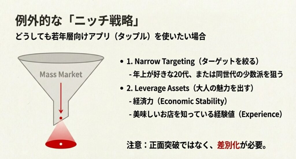 画像タイトル: 若年層アプリにおける年上ユーザーのニッチ戦略

代替テキスト（Alt）: 若年層向けアプリで年上ユーザーが成功するためのターゲティングと差別化戦略ファネル