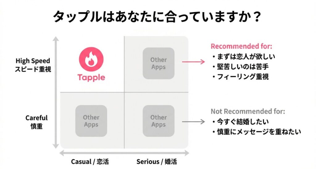 画像タイトル： タップルがおすすめな人・おすすめでない人

代替テキスト： タップルはスピード重視・恋活向きであり、慎重に婚活したい人には他アプリが推奨されることを示す分布図