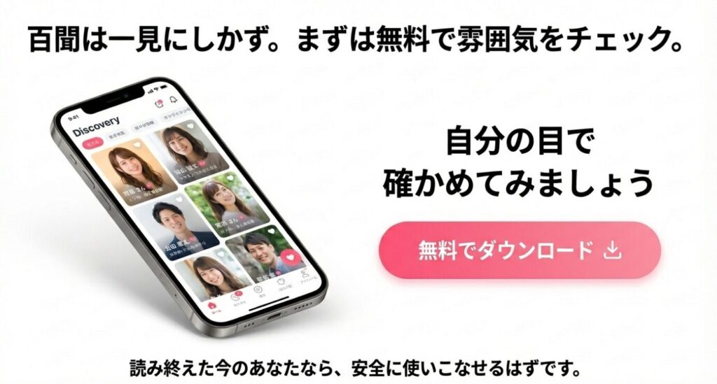 画像タイトル： タップルの実際の画面イメージ

代替テキスト： 百聞は一見にしかず。まずは無料で実際の会員をチェックしてみようと促すスマホ画面のイメージ画像