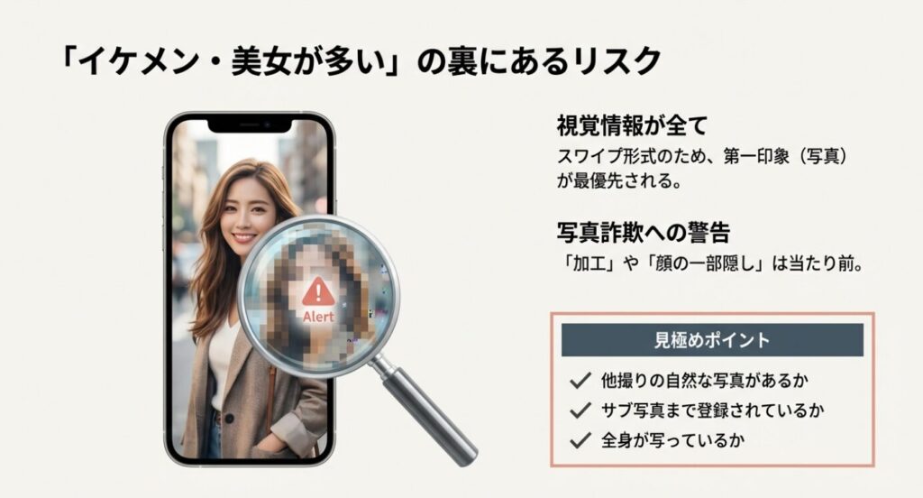 画像タイトル： アプリの写真詐欺を見抜くチェックポイント

代替テキスト： メイン写真だけでなく、他撮りの自然な写真や全身写真、サブ写真の有無を確認することで写真詐欺を回避する方法