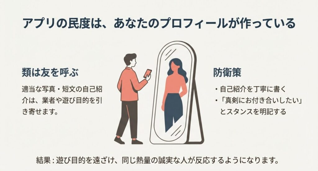 画像タイトル： アプリの民度は自分のプロフィールが作っている

代替テキスト： 鏡に映る自分を見るイラスト。適当なプロフィールには遊び目的が寄り付き、誠実なプロフィールには誠実な人が集まることを解説